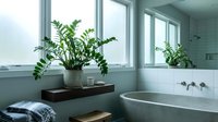 Modern bathroom interior with large green plant on wooden shelf beside white bathtub and windows creating serene spa-like atmosphere for home design.
