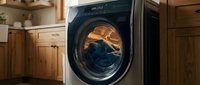 Modern front-loading washing machine with open door in contemporary kitchen interior with wooden cabinets and warm lighting for home appliance concepts.