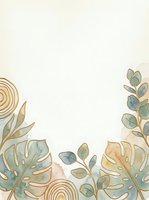 Watercolor botanical frame with gold line art monstera and eucalyptus leaves on cream background, soft teal and beige tones for elegant cards.