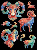 Colorful Chinese zodiac ram set isolated on transparent background, ready for stickers, sublimation, t-shirt design, print on demand, and clipart use.