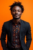 Young African American businessman with dreadlocks wearing stylish black suit and patterned orange shirt smiling confidently against vibrant orange background.