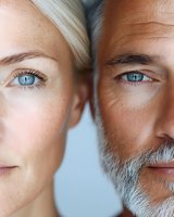 Close-up portrait of mature man with gray beard and young blonde woman with blue eyes showing age difference and facial features against light background.