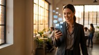 Smiling young Caucasian businesswoman in blazer using smartphone with glowing social media notification icons floating above device in modern office.