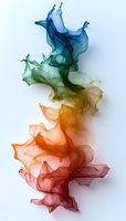 Ethereal flowing smoke in gradient colors from blue to green to orange and red creates abstract art composition on white background for creative design projects.