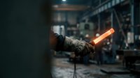 Worker in industrial setting holding glowing hot metal pipe, manufacturing and metalworking concept for factory, construction, and heavy industry design projects.