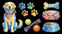 Cheerful golden retriever wearing colorful bandana with paw prints, toys, and food bowls isolated on transparent background. Ready for t-shirt designs, stickers, clipart, print-on-demand products, and sublimation projects.
