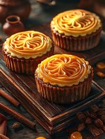 Chocolate tartlets with swirled caramel topping on wooden serving board. Rich dessert with decorative piped pattern and scattered nuts create gourmet presentation.