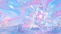 Holographic music notes floating in iridescent pastel waves with glowing crystal center creating dreamy sonic visualization for digital art projects.