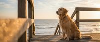 Golden retriever sitting on wooden pier at sunset, gazing toward ocean horizon. Warm golden light illuminates dog and weathered dock structure. Serene coastal scene ideal for pet, lifestyle, and nature-themed designs.