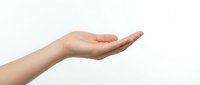 Open palm of a woman with light skin tone gesturing upward in a giving, offering, or receiving pose against white background.
