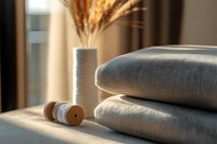 Folded natural linen fabric with wooden spools and dried pampas grass in ceramic vase on windowsill, soft morning sunlight creating cozy atmosphere.