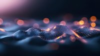 Abstract digital wave pattern with glowing particles and bokeh lights in dark blue and orange colors creating futuristic technology visualization background.