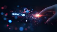Digital hand touching glowing innovation text with dispersing particles effect and floating icons against dark background with red and blue bokeh lights.