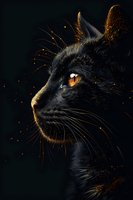 Mystical black cat with glowing amber eyes in profile against dark background, illuminated by golden light particles for fantasy art designs.