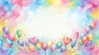Colorful watercolor balloons and hearts floating with splashes on white background, suitable for greeting cards, invitations, and celebration designs.