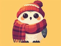 Adorable cartoon owl wearing red knitted winter hat and plaid scarf on yellow background, cute kawaii character design for children illustration and greeting cards.