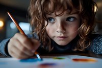 Young Caucasian girl with curly hair and striking blue eyes focused on drawing with colored pencil, captured in moody lighting with shallow depth of field.