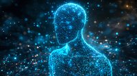 Glowing blue digital human silhouette made of light particles and dots on dark background, representing artificial intelligence and future technology.