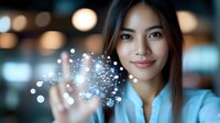 Young Asian businesswoman touching digital network connections with glowing dots and lines representing technology innovation and connectivity concepts.