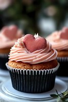 Valentine's Day cupcake with pink frosting and red glittery heart decoration on white plate, romantic dessert for love celebration and special occasions.