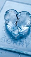 Cracked ice heart melting on a frosted surface with the word Sorry engraved below, symbolizing apology, heartbreak, and emotional pain.
