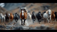 Wild horses galloping across rocky terrain, brown stallion leading herd with flowing mane, dramatic action shot capturing power and freedom in natural landscape.