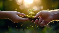 Two hands gently protecting young green plant seedling with soil in warm golden sunlight, symbolizing growth, care, environmental protection and nurturing nature.