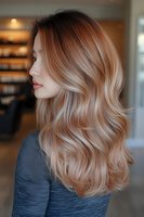Side profile of young Asian woman with luxurious wavy blonde balayage hair wearing grey sweater, showcasing modern hair coloring and styling techniques in salon setting.