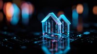 Glowing neon house shapes on circuit board with blue and pink lighting effects against dark background create futuristic smart home technology concept.