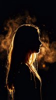 Young woman silhouette with golden rim lighting against dramatic fire sparks and smoke background creating mystical atmospheric portrait.