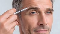 Middle-aged Caucasian man with gray hair having eyebrow grooming procedure with tweezers against light background, demonstrating male grooming routine.