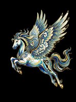 Ornate blue and gold pegasus flying horse with decorative wings, isolated on transparent background, ready for stickers, t-shirt design, and print on demand.