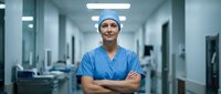Confident Asian male surgeon in blue scrubs and surgical cap standing with crossed arms in modern hospital corridor, representing healthcare professionalism.