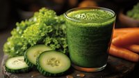 Fresh green vegetable smoothie with cucumber slices, kale and carrots on wooden table for healthy diet and detox nutrition lifestyle.