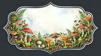 Watercolor forest mushrooms and ferns decorative frame with empty space for text, vintage botanical label design on dark background.