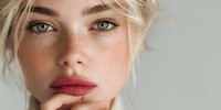 Young blonde woman with natural makeup and red lipstick touching face in soft lighting for beauty and skincare concepts.