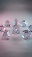 Translucent polyhedral dice with iridescent rainbow finish scattered on soft pink gradient background for tabletop gaming and role-playing adventures.