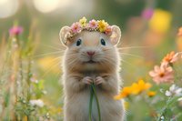 Adorable hamster wearing floral crown stands upright in blooming garden, holding grass stem against soft bokeh background, creating whimsical nature scene.
