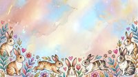 Watercolor rabbits and bunnies surrounded by colorful wildflowers and botanical elements on soft pastel background, suitable for children's illustrations, nursery decor, greeting cards, and spring-themed designs.