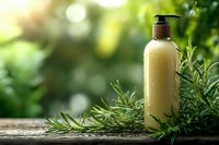 Natural rosemary essential oil bottle with fresh herbs on wooden surface against blurred green garden background for aromatherapy and wellness products.