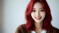 Young Asian woman with vibrant red hair and bright smile wearing brown sweater against light background, expressing joy and confidence in casual portrait setting.