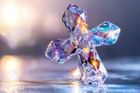 Crystal cross shape with rainbow light reflections and sparkles on blurred background, macro photography with bokeh effect and sunlight flares.