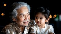 Heartwarming moment between Asian grandmother and granddaughter sharing loving glance against dark background with bokeh lights, representing family bonds and generations.