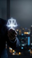 Businessman holding glowing scales of justice symbol against blurred city skyline at night, representing legal services, law firm, compliance, and corporate governance.