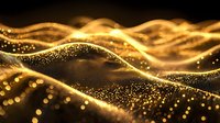 Abstract golden waves with sparkling particles flowing on black background, creating luxurious digital landscape for festive or premium design projects.