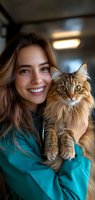 Young Caucasian woman with bright smile holding fluffy Maine Coon cat in turquoise sweater. Close-up portrait showing genuine joy and connection between pet owner and feline companion.