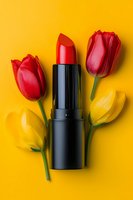 Red lipstick with vibrant red and yellow tulips arranged on bright yellow background, creating modern feminine composition for beauty and cosmetics marketing.