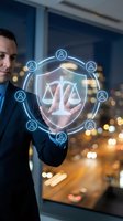 Professional businessman touching digital justice scale hologram with network connections in modern office environment for legal technology concepts.