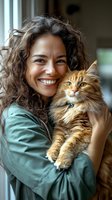 Smiling woman with curly hair holding fluffy ginger cat near window. Pet companionship concept for lifestyle and wellness content.