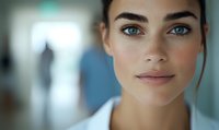 Young female professional with striking blue eyes and natural makeup wearing white collar attire in office environment with soft bokeh background effect.